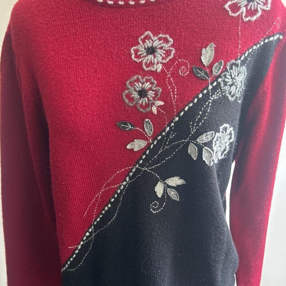 Vintage Alfred Dunner Floral Embroidered Colorblock Sweater Petite Large